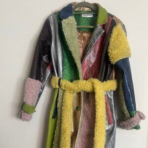 Colin LoCascio Pamela Patched Vegan Leather Faux Fur Snakeskin Trench Coat